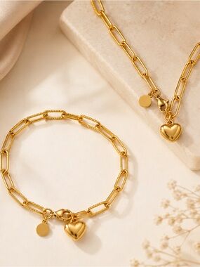 18K Gold Plated 304 Stainless Steel Heart Necklace & Bracelet | Water Resistant